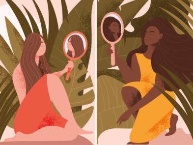 Two scenes showing woman holding mirrors in nature amongst tropical plants , one a Caucasian lady and the other Black, colored vector illustration